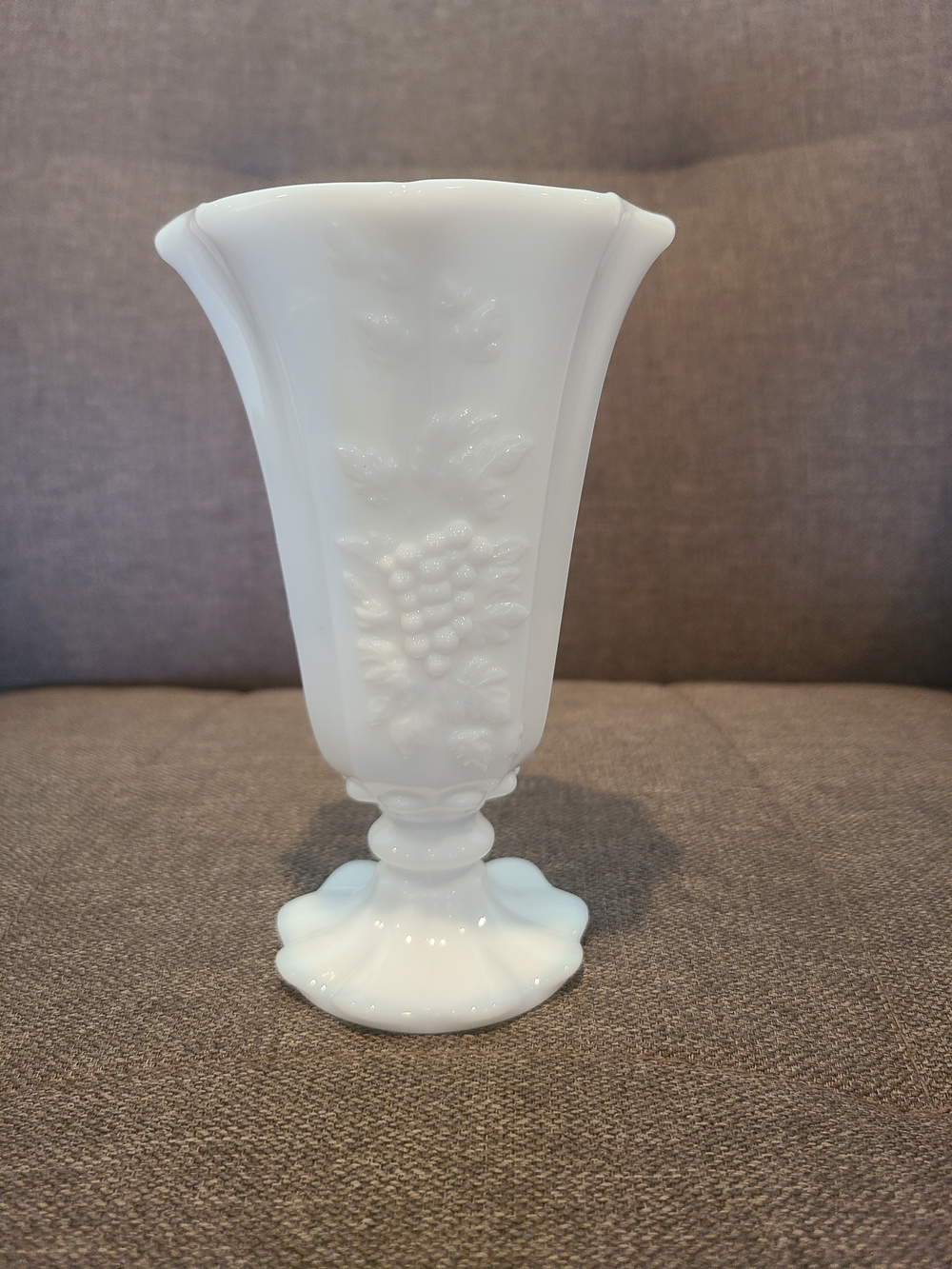 Vintage Westmoreland Glass Co. milk glass vase w/ grape & vine design